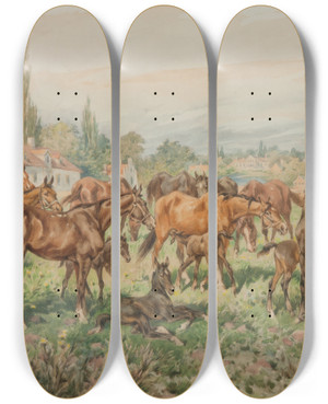 Triptych art skateboard deck of Juliusz Kossak Stud On A Meadow by Juliusz Kossak (1824-1899)