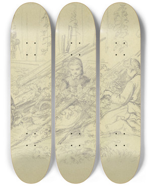 Triptych art skateboard deck of Wilhelm Amandus Beer Girl In The Garden by Wilhelm Amandus Beer (1837-1907)