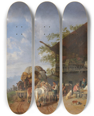 Triptych art skateboard deck of Heinrich Brkel Rast Vor Einem Gasthof In Den Bergen by Heinrich Burkel (1802-1869)