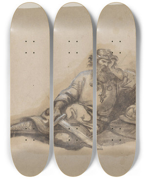 Triptych art skateboard deck of Adolph Tidemand Hvilende Mann I Rustning by Adolph Tidemand (1814-1876)
