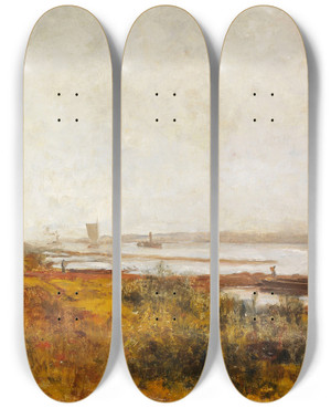 Triptych art skateboard deck of Paul Baum Flusslandschaft In Mecklenburg by Paul Baum (1859-1932)