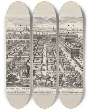 Triptych art skateboard deck of Giovanni Battista Falda Li Giardini Di Roma Con Le Loro Piante Alzate E Vedvte In Prospettiva Pl04 by Giovanni Battista Falda (1643-1678)