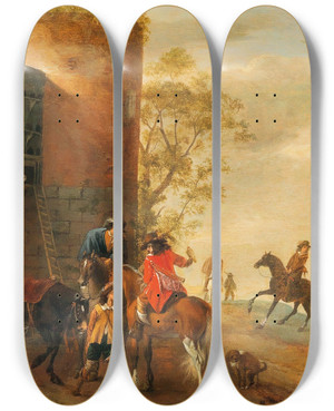 Triptych art skateboard deck of Dirk Stoop The Departure For The Hunt by Dirk Stoop (1615-1686)