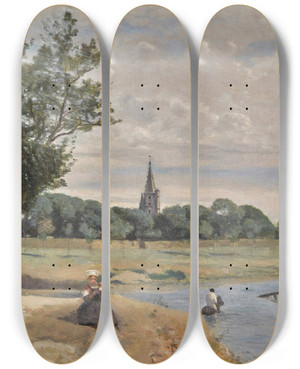 Triptych art skateboard deck of Jeanbaptistecamille Corot La Rochelle Labreuvoir Vue Prise Prs Des Remparts Avec La Tour De La Lanterne by Jean-Baptiste-Camille Corot (1796-1875)