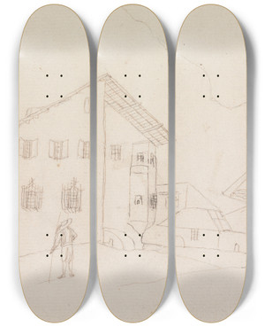 Triptych art skateboard deck of Henry Swinburne View Of An Inn by Henry Swinburne (1743-1803)