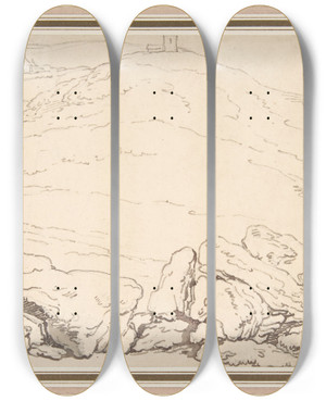 Triptych art skateboard deck of Thomas Rowlandson Hilly Landscape With Rocks by Thomas Rowlandson (1756-1827)