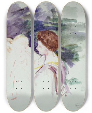 Triptych art skateboard deck of Mary Cassatt Etude Pour Le Bain Deux Femmes Et Un Enfant Dans Une Barque by Mary Cassatt (1844-1926)