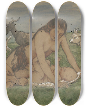 Triptych art skateboard deck of Hans Thoma Family Of Fauns by Hans Thoma (1839-1924) Triptych art skateboard deck of Hans Thoma Family Of Fauns by Hans Thoma (1839-1924)