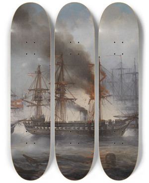 Triptych art skateboard deck of Josef Carl Berthold Pttner Seegefecht Bei Helgoland by Josef Carl Berthold Puttner (1821-1881)