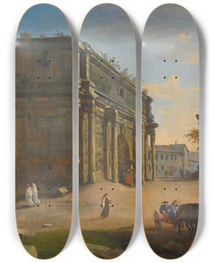 Triptych art skateboard deck of Gaspar Van Wittel View Of The Campo Vaccino With The Arch Of Septimius Severus by Gaspar Van Wittel (1653-1736) Triptych art skateboard deck of Gaspar Van Wittel View Of The Campo Vaccino With The Arch Of Septimius Severus by Gaspar Van Wittel (1653-1736)
