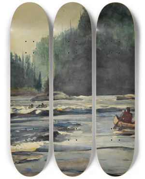 Triptych art skateboard deck of Winslow Homer In The Rapids by Winslow Homer (1836-1910)
