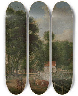 Triptych art skateboard deck of John Greenwood A Landscape And Figures by John Greenwood (1727-1792)