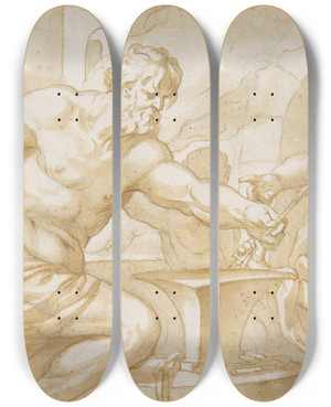 Triptych art skateboard deck of Domenico Piola Venus And Cupid In Vulcans Forge by Domenico Piola (1627-1703)