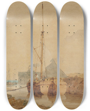 Triptych art skateboard deck of John Thirtle A Barge On A Canal Norfolk by John Thirtle (1777-1839)