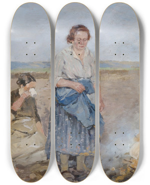 Triptych art skateboard deck of Hugo Mhlig Bei Der Kartoffelernte by Hugo Muhlig (1854-1929)