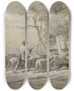 Triptych art skateboard deck of Charles Emile Jacque Shepherd And His Flock by Charles Emile Jacque (1813-1894)