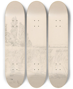 Triptych art skateboard deck of Hans Gude Strand Med Ruin Og Popler Reichenau by Hans Gude (1825-1903)