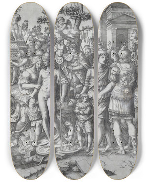 Triptych art skateboard deck of Marcantonio Raimondi Triumph by Marcantonio Raimondi (1470-1527)