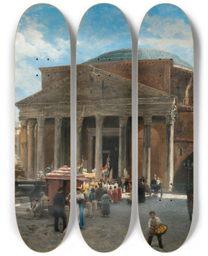 Triptych art skateboard deck of Veronika Maria Herwegenmanini Rome A View Of The Pantheon by Veronika Maria Herwegen Manini (1851-1933)