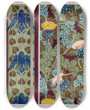 Triptych art skateboard deck of Maurice Pillard Verneuil Corbeaux Bordure Au Pochoir Cigales Et Chardons Toffe Imprime by Maurice Pillard Verneuil (1869-1942)