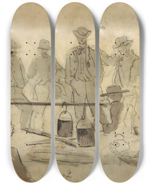 Triptych art skateboard deck of Winslow Homer Campfire With Soldiers by Winslow Homer (1836-1910)