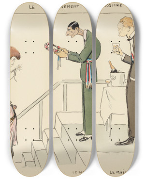 Triptych art skateboard deck of Georges Goursat Sem Le Couronnement De La Rosire by Georges Goursat (Sem) (1863-1934)