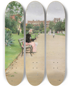 Triptych art skateboard deck of William Merritt Chase A City Park by William Merritt Chase (1849-1916)
