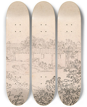 Triptych art skateboard deck of Alexander Cozens Houses By An Italian Lake by Alexander Cozens (1717-1786)