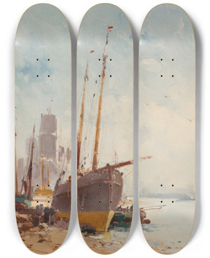 Triptych art skateboard deck of Eugne Galienlaloue Bateaux Au Port by Eugene Galien Laloue (1854-1941)