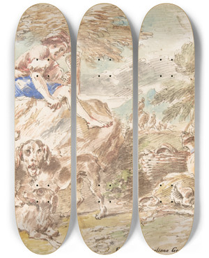 Triptych art skateboard deck of Giovanni Francesco Castiglione Young Hunter With His Dogs In A Landscape_2 by Giovanni Francesco Castiglione (1641-1710)