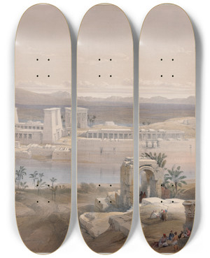 Triptych art skateboard deck of David Roberts General View Of The Island Of Phil Nubia Nov 18Th 1838 by David Roberts (1796-1864)