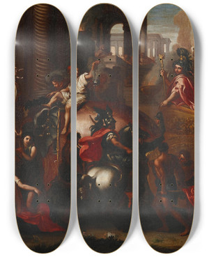 Triptych art skateboard deck of Follower Of Charles Le Brun The Triumph Of Alexander The Great In Babylon by Follower Of Charles Le Brun (1619-1690)