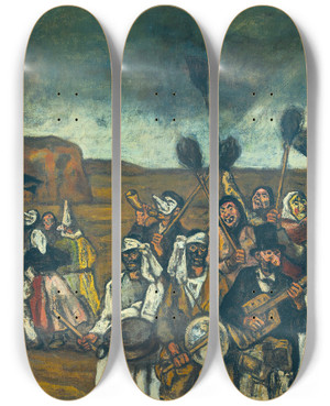 Triptych art skateboard deck of Jos Gutirrez Solana The Masquerade Of The Brooms by Jose Gutierrez Solana (1886-1945)