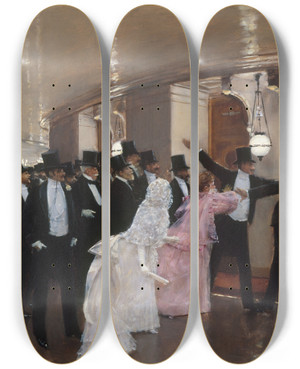 Triptych art skateboard deck of Jean Braud Altercation Dans Les Couloirs De Lopra by Jean Beraud (1849-1935)
