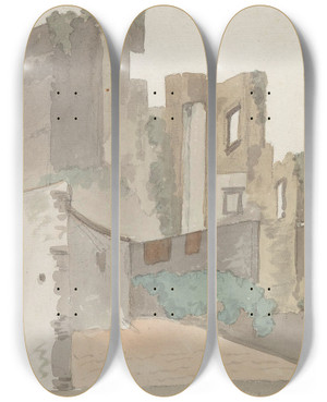 Triptych art skateboard deck of Abrahamlouisrodolphe Ducros Gezicht Op Rune Zogenaamde Castel Vecchio Te Avellino by Abraham-Louis-Rodolphe Ducros (1748-1810)