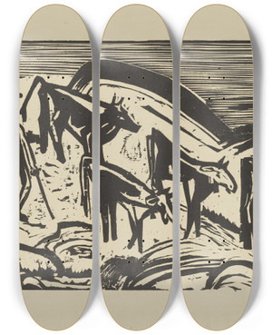 Triptych art skateboard deck of Ernst Ludwig Kirchner Hirt Mit Fnf Absteigenden Khen by Ernst Ludwig Kirchner (1880-1938)