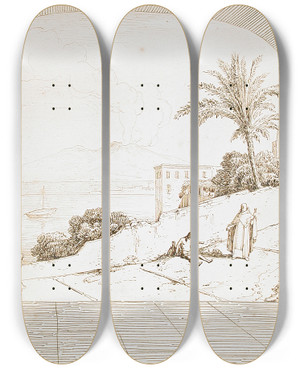 Triptych art skateboard deck of Thodore Caruelle Daligny View Of Naples And Mount Vesuvius by Thodore Caruelle d'Aligny (1798-1871)