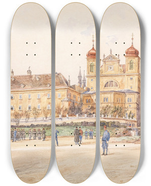 Triptych art skateboard deck of Rudolf Bernt Dominikanerbastei Wien by Rudolf Bernt (1844-1914)
