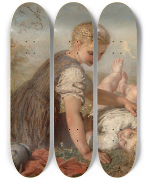 Triptych art skateboard deck of Karl Wilhelm Friedrich Bauerle An Autumn Idyll by Karl Wilhelm Friedrich Bauerle