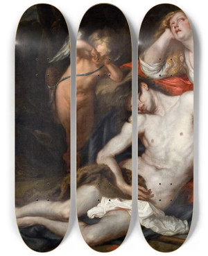 Triptych art skateboard deck of Thomas Willeboirts Bosschaert Venus Bewailing The Death Of Adonis by Thomas Willeboirts Bosschaert (1614-1654)