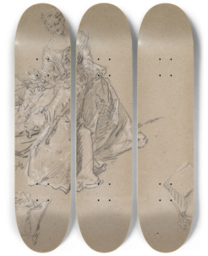 Triptych art skateboard deck of Nicolas Lancret Studies Of A Couple Seated On The Ground Looking At A Songbook by Nicolas Lancret (1690-1743)