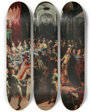 Triptych art skateboard deck of Bartholomus Strobl Ii Belshazzars Feast by Bartholomaus Strobel (1591-1647)