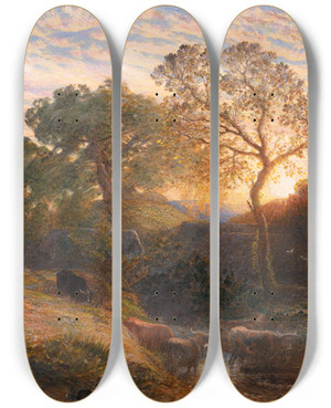 Triptych art skateboard deck of Samuel Palmer Sunset_1 by Samuel Palmer (1805-1881)