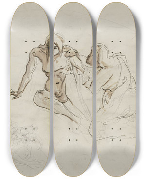 Triptych art skateboard deck of Victor Mller Auf Dem Boden Sitzender Bellauniger Mnnlicher Akt Von Einer Neben Ihm Knienden Weiblichen Gestalt Umsorgt Sowie Weitere Figrliche Skizzen by Victor Muller (1829-1871)