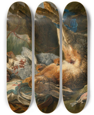 Triptych art skateboard deck of Jan Fyt Gamepiece With A Hare And Various Wild Birds A Cat Approaching From The Right by Jan Fyt (1611-1661)