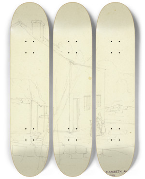 Triptych art skateboard deck of Elizabeth Murray Sketch Of House With Mother And Children by Elizabeth Murray (1815-1882)