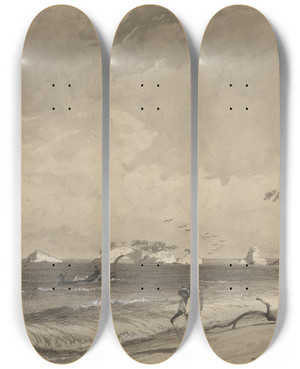 Triptych art skateboard deck of Michel Jean Cazabon Los Gallos Icacos Bay by Michel Jean Cazabon (1813-1888)