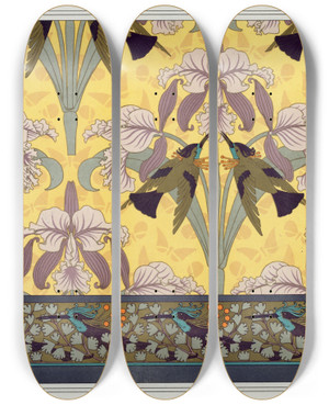Triptych art skateboard deck of Maurice Pillard Verneuil Libellules Butome En Ombelle Nnuphars Panneau Oiseauxmouches Et Orchides Toffe Oiseauxmouches Et Capillaires Bordure by Maurice Pillard Verneuil (1869-1942)
