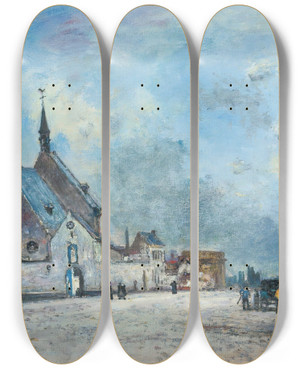 Triptych art skateboard deck of Johan Barthold Jongkind La Place De Lglise by Johan Barthold Jongkind (1819-1891)