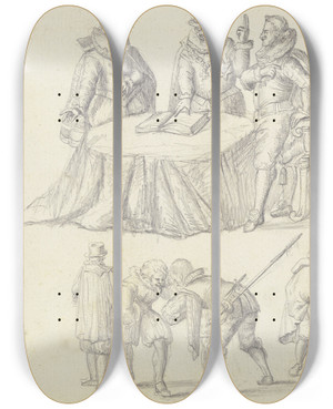Triptych art skateboard deck of Johann Ludwig Ernst Morgenstern Figurenstudien Mit Drei Genreszenen by Johann Ludwig Ernst Morgenstern (1738-1819)